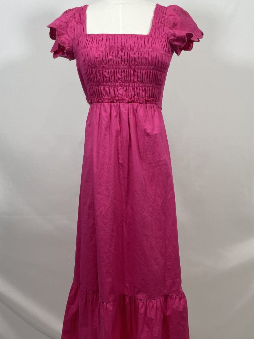 Jason Wu Hot Pink Eyelet Smocked Bodice Open Back Maxi Dress Size XS